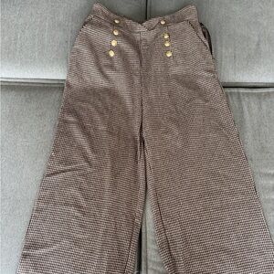 SHEIN Brown & Black Houndstooth Wide-Leg Trousers with Gold Buttons (XL)